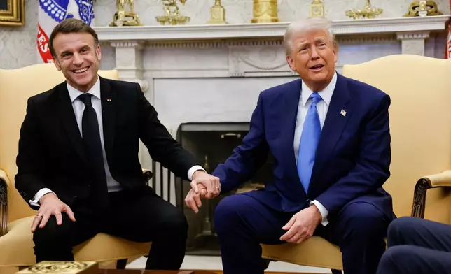 FILE - President Donald Trump, right, meets with France's President Emmanuel Macron in the Oval Office of the White House in Washington, Feb. 24, 2025. (Ludovic Marin/Pool via AP, file)