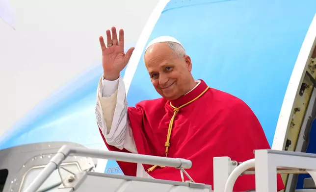Pope Leo XIV arrives at Adolfo Suarez-Madrid Barajas Airport in Madrid, Spain, Saturday, June 6, 2026, at the start of a seven-day pastoral visit to mainland Spain and the Canary Islands. (AP Photo/Manu Fernandez)