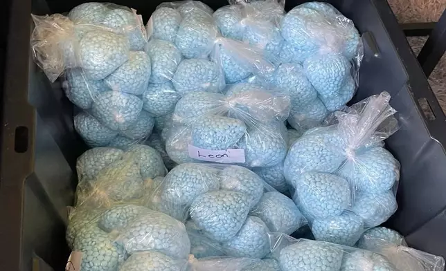 This photo provided by the U.S. Drug Enforcement Administration shows pills containing fentanyl which were seized by the DEA in New Mexico, on April 28, 2025. (DEA via AP)