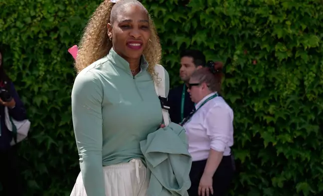 Serena Williams of the United States arrives for a practice session ahead of her women's singles match against Maya Joint of Australia at the Wimbledon Tennis Championships in London, Tuesday, June 30, 2026.(AP Photo/Brian Inganga)