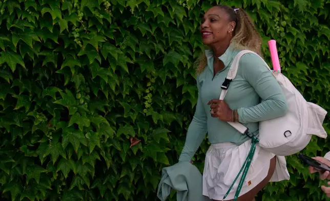 Serena Williams of the United States arrives for a practice session ahead of her women's singles match against Maya Joint of Australia at the Wimbledon Tennis Championships in London, Tuesday, June 30, 2026.(AP Photo/Brian Inganga)