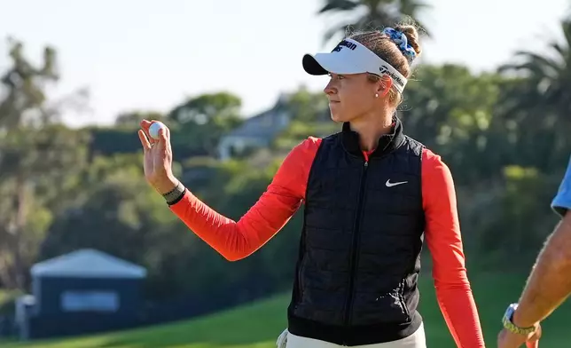 Nelly Korda waves on the 18th green during the third round of the U.S. Women's Open golf tournament Saturday, June 6, 2026, in the Pacific Palisades area of Los Angeles. (AP Photo/Ashley Landis)