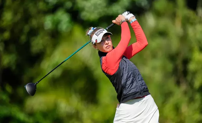 Nelly Korda hits of the 13th tee during the third round of the U.S. Women's Open golf tournament Saturday, June 6, 2026, in the Pacific Palisades area of Los Angeles. (AP Photo/Ashley Landis)