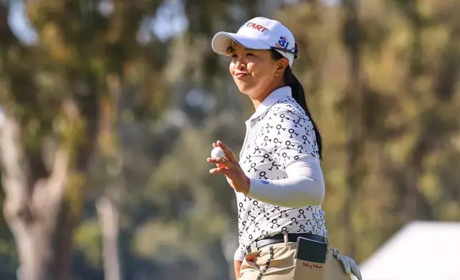 Sei Young Kim, of South Korea, reacts to her putt on the 14th green during the third round of the U.S. Women's Open golf tournament Saturday, June 6, 2026, in the Pacific Palisades area of Los Angeles. (AP Photo/Jessie Alcheh)
