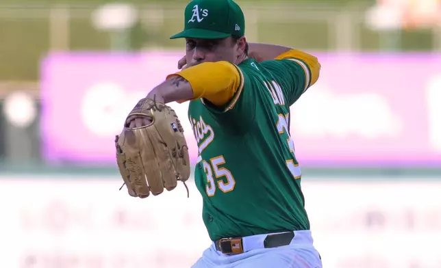 Athletics pitcher J.T. Ginn throws to a Pittsburgh Pirates batter during the first inning of a baseball game Monday, June 15, 2026, in West Sacramento, Calif. (AP Photo/Scott Marshall)