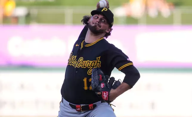 Pittsburgh Pirates pitcher Jared Jones throws to an Athletics batter during the first inning of a baseball game Monday, June 15, 2026, in West Sacramento, Calif. (AP Photo/Scott Marshall)