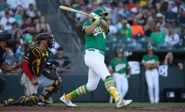 Athletics' Nick Kurtz, right, hits a two-run home run during the second inning of a baseball game against the Pittsburgh Pirates, Monday, June 15, 2026, in West Sacramento, Calif. (AP Photo/Scott Marshall)