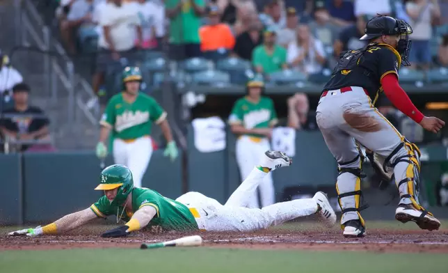 Athletics' Henry Bolte, left, slides into home plate and scores during the second inning of a baseball game against the Pittsburgh Pirates, Monday, June 15, 2026, in West Sacramento, Calif. (AP Photo/Scott Marshall)