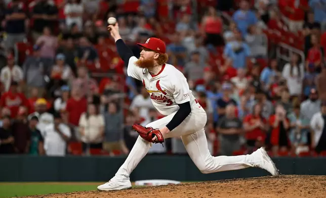 St. Louis Cardinals starting pitcher Dustin May throws in the ninth inning of a baseball game against the San Diego Padres, Monday, June 15, 2026, in St. Louis. (AP Photo/Joe Puetz)
