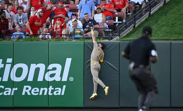 San Diego Padres center fielder Jackson Merrill jumps at the wall and catches a fly ball hit by St. Louis Cardinals' Alec Burleson in the fourth inning of a baseball game, Monday, June 15, 2026, in St. Louis. (AP Photo/Joe Puetz)