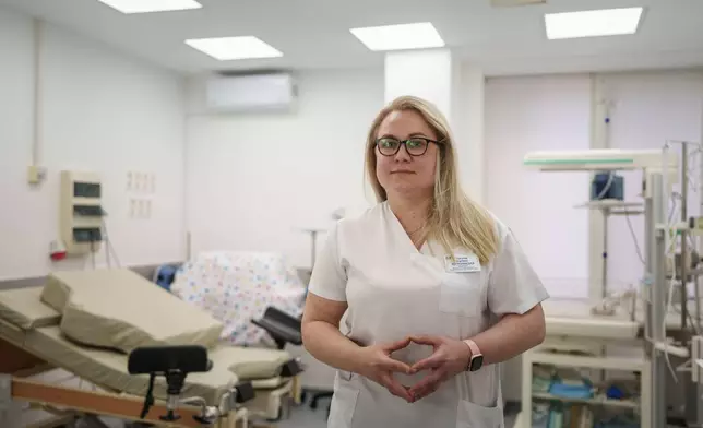 Dr. Nataliia Bohuslavska, head of the neonatal unit, poses for a photo at the regional perinatal center of Zaporizhzhia, Ukraine, Wednesday, May 6, 2026. (AP Photo/Evgeniy Maloletka)