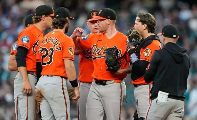 Baltimore Orioles starting pitcher Kyle Bradish, center, greets teammates, including third baseman Blaze Alexander (23) as he is relieved against the Seattle Mariners during the eighth inning of a baseball game, Wednesday, June 17, 2026, in Seattle. (AP Photo/Lindsey Wasson)