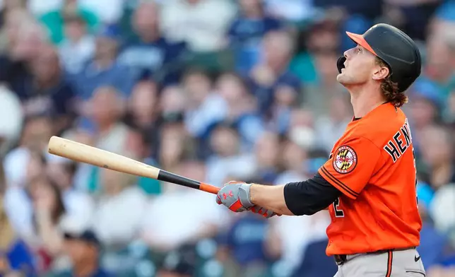 Baltimore Orioles' Gunnar Henderson follows through on a two-run home run against the Seattle Mariners during the third inning of a baseball game, Wednesday, June 17, 2026, in Seattle. (AP Photo/Lindsey Wasson)