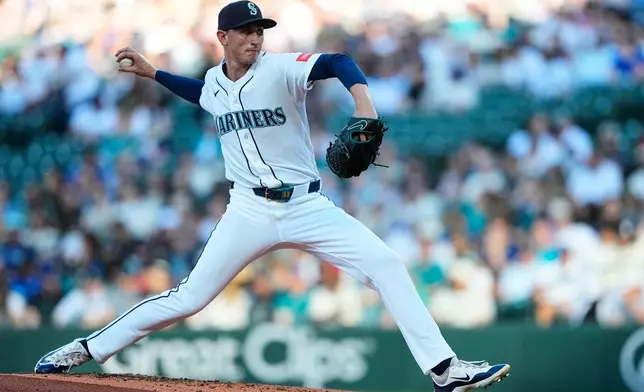 Seattle Mariners starting pitcher George Kirby throws against the Baltimore Orioles during the third inning of a baseball game, Wednesday, June 17, 2026, in Seattle. (AP Photo/Lindsey Wasson)