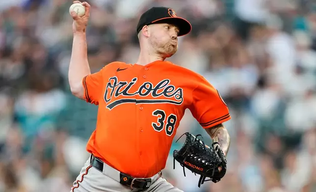Baltimore Orioles starting pitcher Kyle Bradish throws against the Seattle Mariners during the seventh inning of a baseball game, Wednesday, June 17, 2026, in Seattle. (AP Photo/Lindsey Wasson)