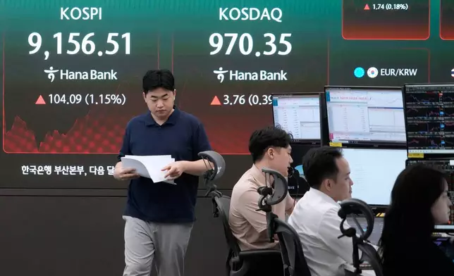 A currency trader passes by a screen showing the Korea Composite Stock Price Index (KOSPI) at the foreign exchange dealing room of the Hana Bank headquarters in Seoul, South Korea, Monday, June 22, 2026. (AP Photo/Ahn Young-joon)