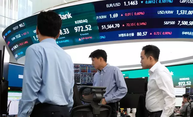 Currency traders work at the foreign exchange dealing room of the Hana Bank headquarters in Seoul, South Korea, Monday, June 22, 2026. (AP Photo/Ahn Young-joon)