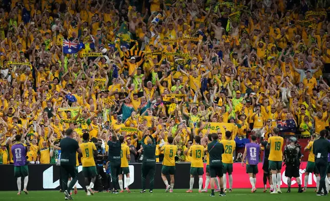 Australia players salute the crowd after the World Cup Group D soccer match between Australia and Turkey in Vancouver, Canada, Saturday, June 13, 2026. (Darryl Dyck/The Canadian Press via AP)