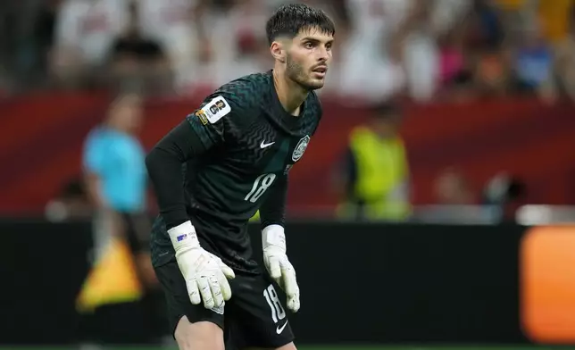 Australia goalkeeper Patrick Beach (18) during the World Cup Group D soccer match between Australia and Turkey in Vancouver, British Columbia, Saturday, June 13, 2026. (AP Photo/Abbie Parr)