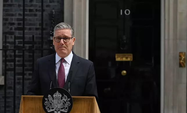 Britain's Prime Minister Keir Starmer speaks to the media outside 10 Downing Street to announce his resignation in London, Monday, June 22, 2026.(AP Photo/Thomas Krych)