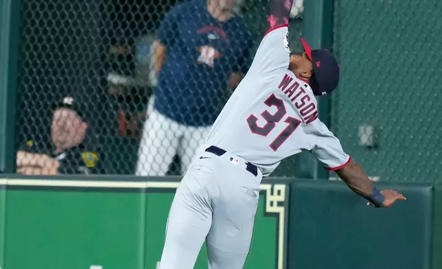 Cleveland Guardians right fielder Kahlil Watson catches a fly ball hit by Houston Astros' Christian Walker during the sixth inning of a baseball game Friday, June 19, 2026, in Houston. (AP Photo/Kevin M. Cox)