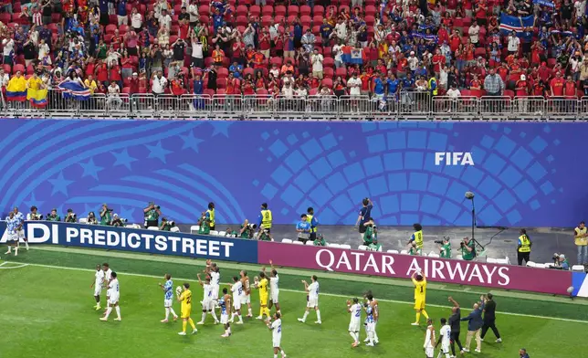 Cape Verde wave to fans after a 0-0 draw during the World Cup Group H soccer match between Spain and Cape Verde in Atlanta, Monday, June 15, 2026. (AP Photo/Jacob Kupferman)