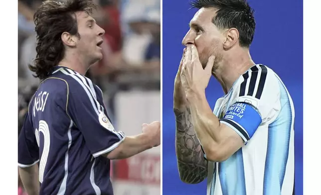FILE - This photo combination shows Argentina's Lionel Messi celebrating after scoring his first World Cup goal against Serbia and Montenegro at Gelsenkirchen stadium, Germany, June 16, 2006 and Messi reacting after scoring the third goal of his hat trick, the first of his career, during a World Cup soccer match against Algeria in Kansas City, Mo., June 16, 2026. (AP Photo/Martin Meissner, Charlie Riedel)