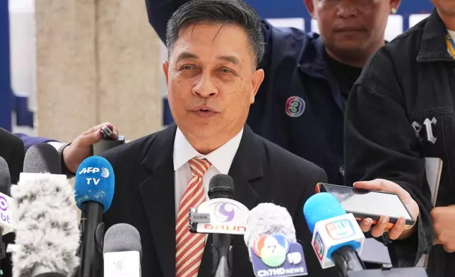 Lawyer Chuchart Kanpai talks to reporters after he left a courtroom at Bangkok South Criminal Court in Bangkok, Thailand, Thursday, June 11, 2026. (AP Photo/Sakchai Lalit)