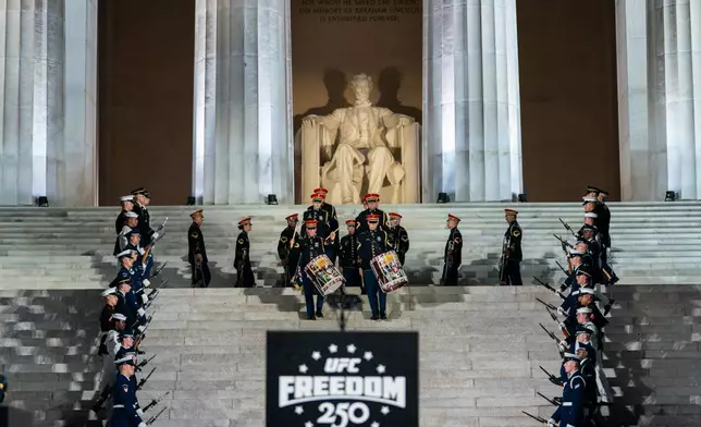 The UFC holds a news conference at the Lincoln Memorial, ahead of Sunday's fight on the South Lawn of the White House, Friday, June 12, 2026, in Washington. (AP Photo/Allison Robbert)