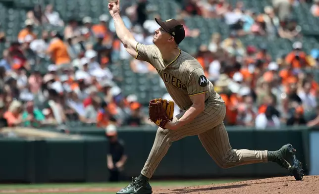 San Diego Padres pitcher Walker Buehler throws during the first inning of a baseball game against the Baltimore Orioles, Sunday, June 14, 2026, in Baltimore. (AP Photo/Daniel Kucin Jr.)