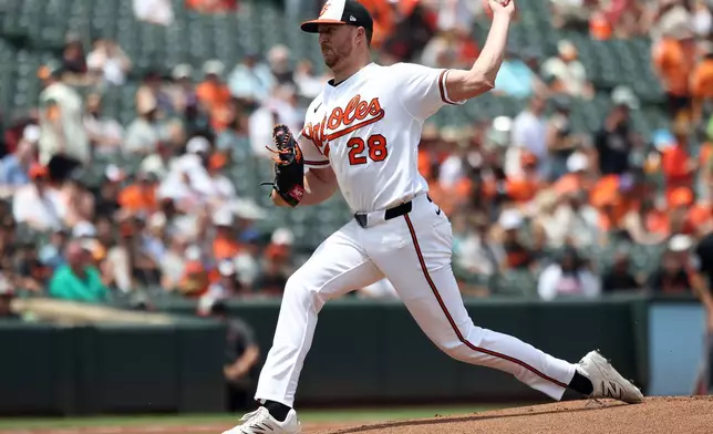 Baltimore Orioles pitcher Trevor Rogers throws during the first inning of a baseball game against the San Diego Padres, Sunday, June 14, 2026, in Baltimore. (AP Photo/Daniel Kucin Jr.)
