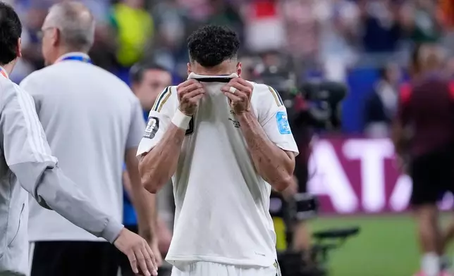 Saudi Arabia's Ali Lajami reacts to a 0-0 draw with Cape Verde after the World Cup Group H soccer match in Houston, Friday, June 26, 2026. (AP Photo/David J. Phillip)