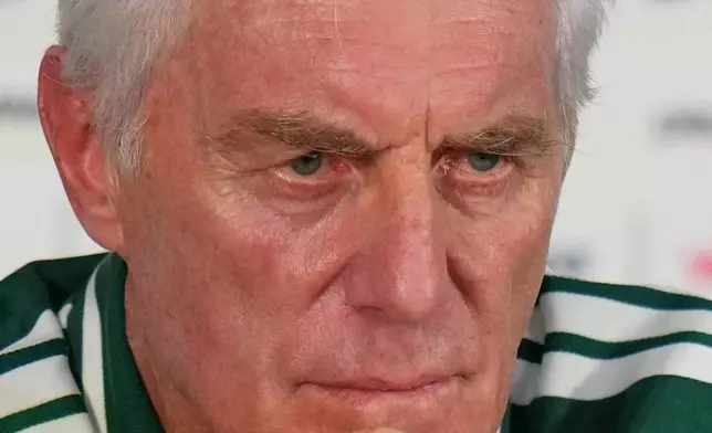 South Africa's coach Hugo Broos holds a news conference in Mexico City, Wednesday, June 10, 2026. (AP Photo/Eduardo Verdugo)