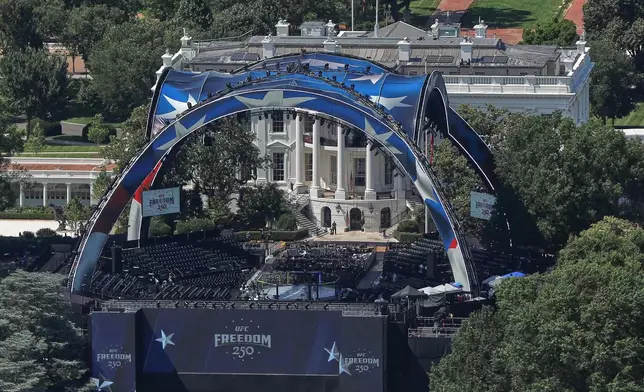 The arena for the UFC Freedom 250 fights is pictured on the South Lawn of the White House, in Washington, Saturday, June 13, 2026. (AP Photo/Rahmat Gul)