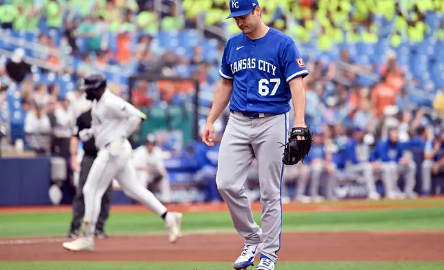 Kansas City Royals pitcher Seth Lugo (67) reacts as Tampa Bay Rays' Junior Caminero rounds the bases after his home run during the fifth inning of a baseball game Thursday, June 25, 2026, in St. Petersburg, Fla. (AP Photo/Jason Behnken)