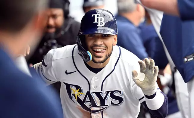Tampa Bay Rays' Victor Mesa Jr. celebrates after his three-run home run during the fourth inning of a baseball game against the Kansas City Royals Thursday, June 25, 2026, in St. Petersburg, Fla. (AP Photo/Jason Behnken)