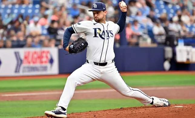 Tampa Bay Rays pitcher Ian Seymour throws during the second inning a baseball game against the Kansas City Royals, Thursday, June 25, 2026, in St. Petersburg, Fla. (AP Photo/Jason Behnken)