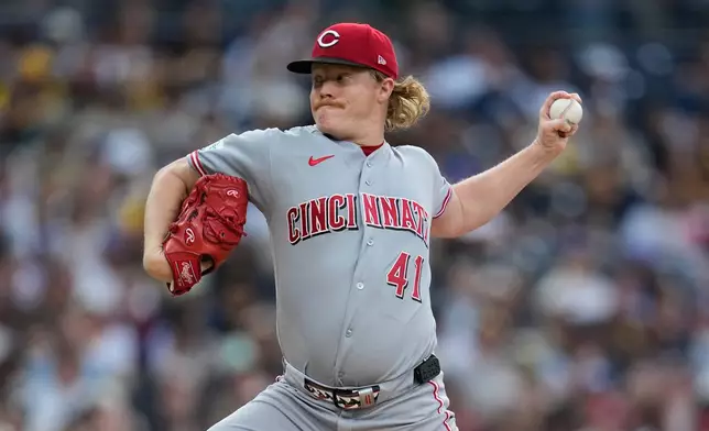 Cincinnati Reds starting pitcher Andrew Abbott works against a San Diego Padres batter during the second inning of a baseball game Monday, June 8, 2026, in San Diego. (AP Photo/Gregory Bull)