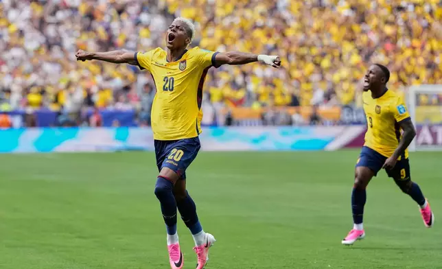 Ecuador's Nilson Angulo celebrates scoring his side's first goal during the World Cup Group E soccer match between Ecuador and Germany in East Rutherford, N.J., near New York, Thursday, June 25, 2026. (AP Photo/Frank Franklin II)