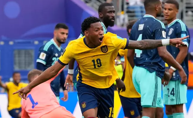 Ecuador's Gonzalo Plata (19) celebrates scoring his side's second goal against Germany during the World Cup Group E soccer match in East Rutherford, N.J., near New York, Thursday, June 25, 2026. (AP Photo/Yuki Iwamura)