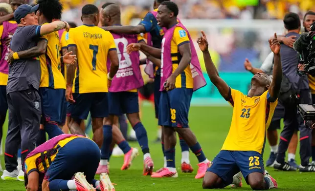 Ecuador's Moises Caicedo, right, celebrates at the end of the World Cup Group E soccer match against Germany in East Rutherford, N.J., near New York, Thursday, June 25, 2026. (AP Photo/Yuki Iwamura)