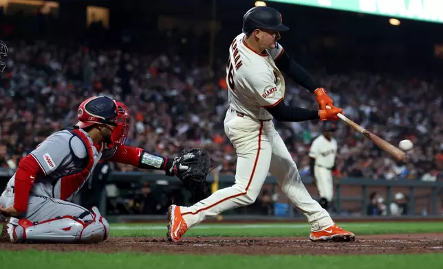 San Francisco Giants' Matt Chapman, right, hits an RBI single in front of Washington Nationals catcher Keibert Ruiz, left, during the sixth inning of a baseball game in San Francisco, Monday, June 8, 2026. (AP Photo/Jed Jacobsohn)