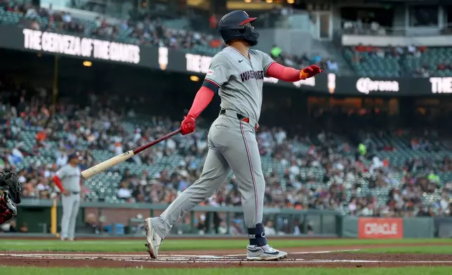 Washington Nationals' Luis García Jr. watches his two-run home run during the first inning of a baseball game against the San Francisco Giants in San Francisco, Tuesday, June 9, 2026. (AP Photo/Jed Jacobsohn)
