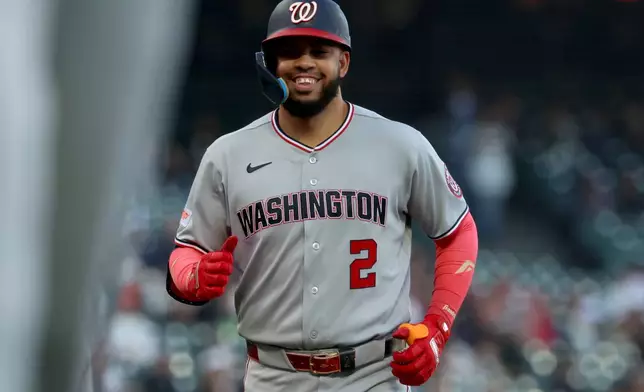 Washington Nationals' Luis García Jr. rounds the bases after hitting a two-run home run during the first inning of a baseball game against the San Francisco Giants in San Francisco, Tuesday, June 9, 2026. (AP Photo/Jed Jacobsohn)
