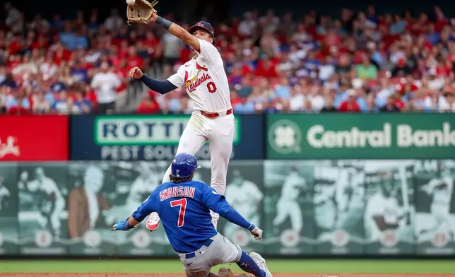 Chicago Cubs' Dansby Swanson (7) is safe at second as St. Louis Cardinals' Masyn Winn leaps for the ball during the third inning of a baseball game Sunday, May 31, 2026, in St. Louis. (AP Photo/Scott Kane)