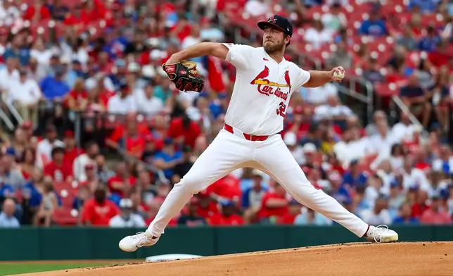 St. Louis Cardinals pitcher Matthew Liberatore throws during the first inning of a baseball game against the Chicago Cubs Sunday, May 31, 2026, in St. Louis. (AP Photo/Scott Kane)