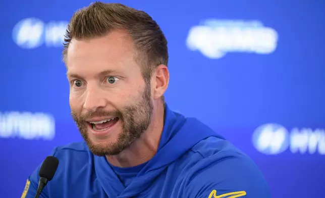 Los Angeles Rams coach Sean McVay speaks to the media during a press conference following the NFL football team's practice, Tuesday, June 2, 2026, in Woodland Hills, Calif. (AP Photo/Kyusung Gong)