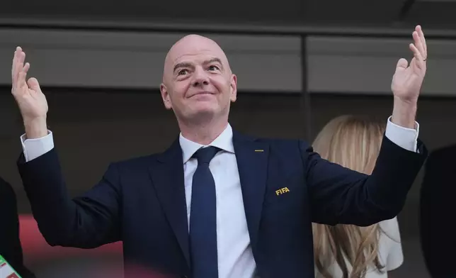 FIFA President Gianni Infantino attends the World Cup Group D soccer match between the United States and Paraguay in Inglewood, Calif., near Los Angeles, Friday, June 12, 2026. (AP Photo/Andre Penner)