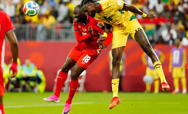 Panama's Cecilio Waterman, left, and Ghana's Jerome Opoku vie for a header during the World Cup Group L soccer match between Ghana and Panama in Toronto, Wednesday, June 17, 2026. (Frank Gunn/The Canadian Press via AP)
