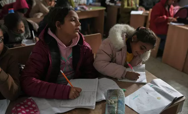 Palestinian children attend class in a tent classroom at an orphanage camp in Khan Younis, southern Gaza Strip, Thursday, Feb. 12, 2026. (AP Photo/Jehad Alshrafi)
